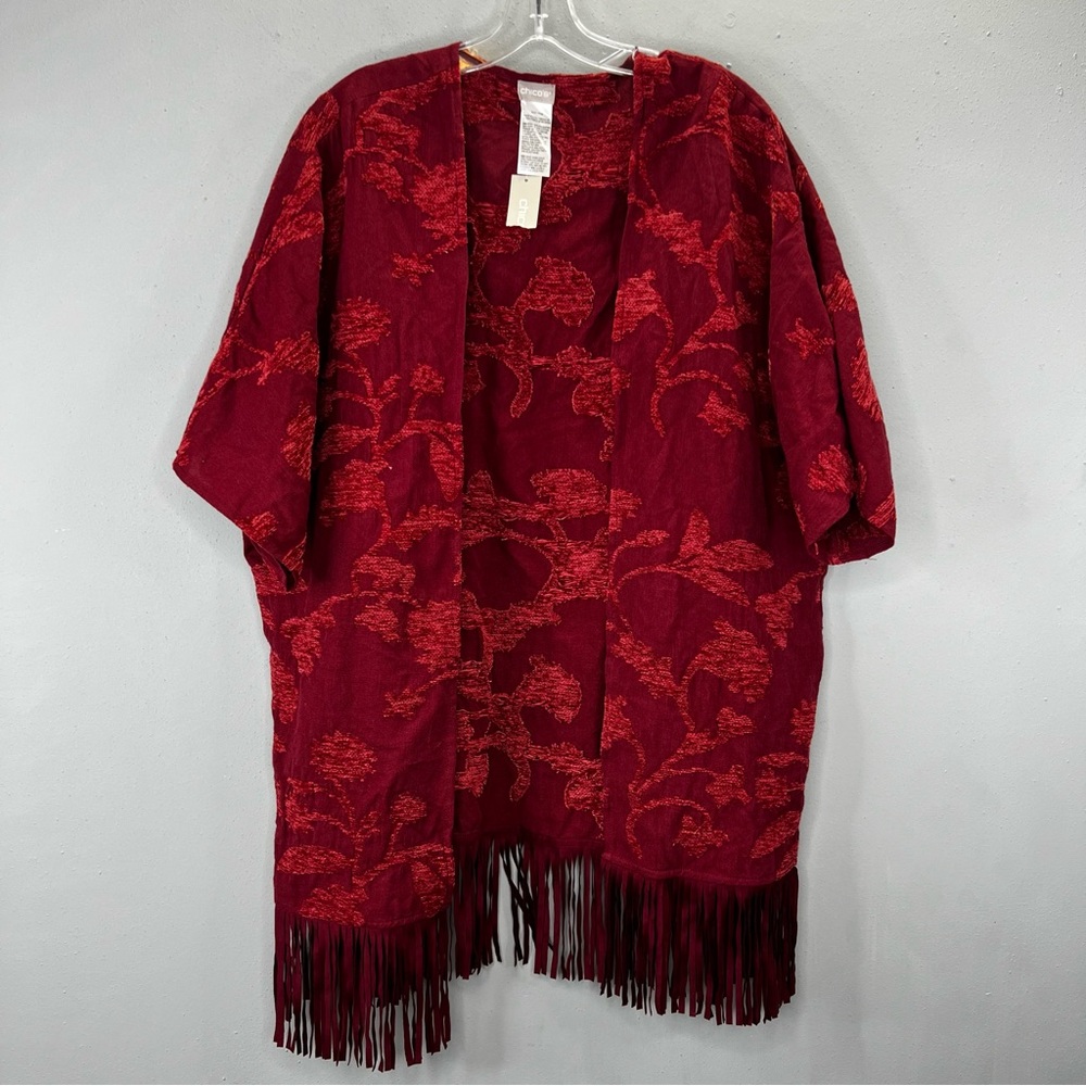 Chico's Red Floral Fringe Shawl Cardigan Cape NWT